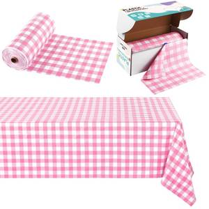lot 19482 image: Kochorie 54 Inch x 300 Ft Light Pink Checkered Plastic Table Cloth Roll Disposable Waterproof Table Cover Plastic Table Cover Roll with Easy Slide Cutter for Outdoor PicnicHome DiningSpring Party