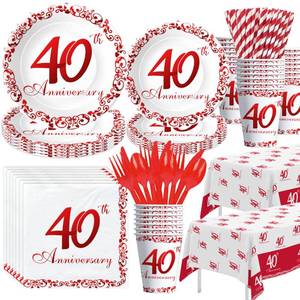 lot 19484 image: APOWBLS 40th Anniversary Decorations Tableware - Ruby 40th Wedding Anniversary Party Supplies, Paper Plates, Cups, Napkins, Tablecloth, Cutlery, Straws  Serves 24