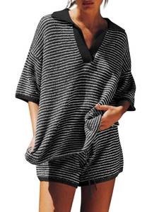 lot 20078 image: Tankaneo Womens Sweater Set 2 Piece Outfits Oversized 34 Sleeve V Neck Knit Tops High Waisted Shorts Lounge Sets Small