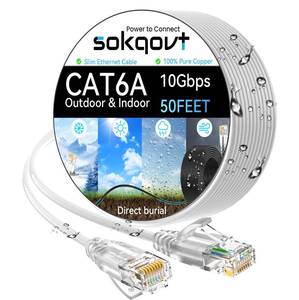 lot 20091 image: Cat6a Ethernet Cable Slim 50ft OutdoorandIndoor, 28AWG Pure Copper Cat6 Internet Cable for Waterproof and Direct Burial, Flexible Cat6 Ethernet Cable 10G 550MHZ, Cat 6 Network cable for Indoor White
