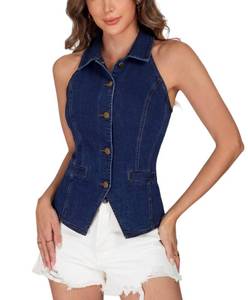 lot 20097 image: Ladyful Womenfts Denim Halter Vest Tops Jean Vest Collared Button Down Sleeveless Jean Blazer Shirt Waistcoat Top Small