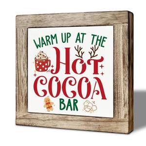 lot 20184 image: Christmas Hot Chocolate Bar Sign, Winter Home Tiered Tray Decor, Warm Up at the Hot Chocolate Bar, Christmas Wooden Tabletop Decoration for Bars Kitchen Cafe 5.9x5.9 Inches