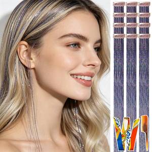 lot 20188 image: CELINABELLA Charcoal Gray Hair Tinsel Clip-in, 23Inch 70Strands Heat Resistant Full Head Metallic Sparkle Extensions 12PCS with Comb and Ribbon for Women Teens Punk Show