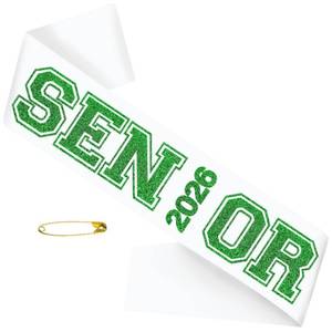 lot 20231 image: TxscOxwP1 White Senior 2026 Sash with Green Glitter Printing Letters2026 Graduation Celebrations Sashes, Class of 2026 Sash for Graduation Party, Senior Cheer Sasesh, Class Competition Sashes