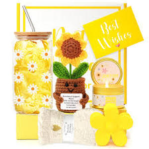 lot 7139 image: Happy Birthday Gift Box Set with Crochet Sunflower, Daisy Glass Tumbler, Soy Candle, Hair Clip and Beaded Bracelet