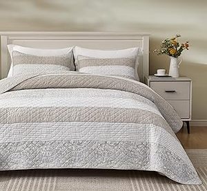 lot 13373 image: Chezmoi Collection Gray Taupe White Floral Hibiscus Flower Patchwork Striped Quilt Set - Pre-Washed Soft Lightweight Reversible Cotton Bedspread Coverlet for All Season, King