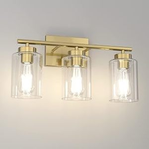 lot 13375 image: Gold Bathroom Light Fixtures, Modern Bathroom Vanity Light with Clear Glass Shade, 3 Lights Brushed Brass Bath Wall Mount Lights, Gold Wall Sconce for Kitchen Bedroom Hallway Living Room Hallway (Missing 1 Light)
