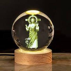 lot 20177 image: 3D Laser Engraved Crystal Ball with LED Light Base Religious Figure