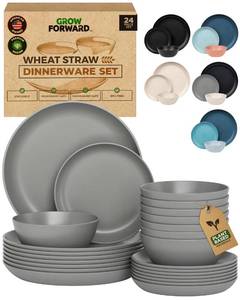 lot 1410 image: Grow Forward 24-piece Premium Wheat Straw Dinnerware Sets for 8 - Dinner Plates, Dessert Plates, Cereal Bowls - Unbreakable Microwave Safe Plastic Plates and Bowls Sets, RV, Kitchen Dishes - Feather