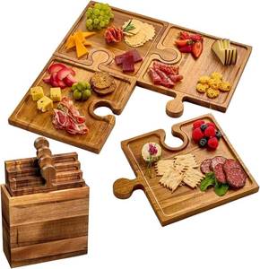 lot 1433 image: Puzzle Charcuterie Board Set of 4, Acacia Wood Serving Trays with Handles and Wine Glass Holder, Interlocking Cheese Board Platter for Meat, Fruit, Nuts, Party, Home Table Decor (with Storage Box)