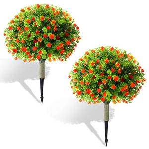 lot 1437 image: Yunlly Set of 2 Artificial Topiary Ball Tree with Flowers 20 Inch Outdoor Topiary Tree with Ground Spike Fake Bushes UV Resistance Faux Shrubs Evergreen Plant for Front Porch Indoor Decor (Orange)