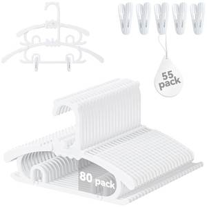 lot 1443 image: 80 Pack Baby Hangers,with 55 Detachable Clips Adjustable 11.14in-15.55in, Stackable Kids Closet Hangers, Two Bottom Grooves for Secure Clip Placement.Fits Newborns,Toddlers, Children and Teens(White)