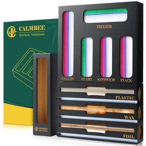 lot 1448 image: Calmbee 9 in 1 Bamboo Storage Bag Organizer for Kitchen Drawer � Plastic Wrap Dispenser with Cutter and Foil Organizer, Wooden Baggie Organizer for Sandwich, Snack, Gallon, Quart Sizes, Black