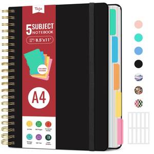lot 2142 image: Hardcover Spiral Journal Notebooks for Work With Removable Dividers and Tabs, 8.5inx11in 5 Subject Notebook for Note Taking and Organizer, A4 College Ruled Lined Journal for Women and Writing, Black, 280 Pages