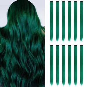 lot 2153 image: 12PCS Colored Green Hair Extensions Party Highlights Colorful Clip in Hair Extensions 22 Inch Straight Synthetic Hairpieces for Women Kids Girls Halloween Christmas Cosplay(Green)