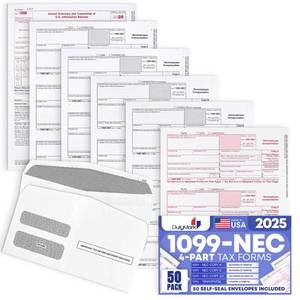 lot 2245 image: A 50 1099 NEC Tax Forms 2025 with Envelopes, 4 Part Legal Laser Tax Forms Kit, 50 Self Seal Envelopes, US Government Forms - Compatible with QuickBooks and Accounting Software, Made in The USA 50 Pack