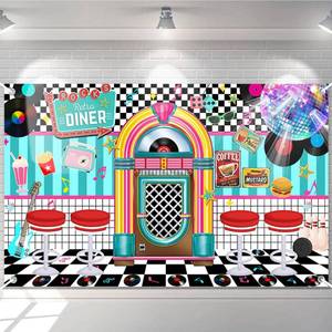 lot 2248 image: Avezano 50s Retro Diner Party Backdrop 50s Retro Rock and Roll Diner Classic Decoration Banner 1950s Sock Hop Party Decor 70.8 x 43.3 Inch