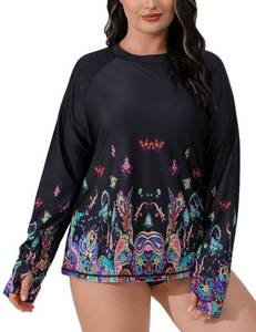 lot 2252 image: Halcurt Womenfts Plus Size Long Sleeve Rash Guard Swim Shirt with Thumb Holes UPF50 Sun Protection Swimsuit Top Black Garden 3X