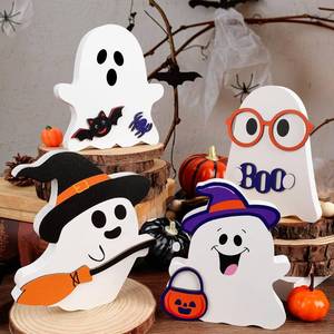 lot 2254 image: AKEROCK Cute Halloween Decorations Indoor - Halloween DecorGhost Decor, 4 PCS Wooden Ghost Halloween Signs for Table, Office Desk, Tiered Tray, Fireplace Mantle - Spooky Halloween Ghost Decorations