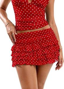 lot 2257 image: EARKOHA Polka Dot Skirt for Women Summer Ruffle Boho Mini Skirt Low Rise Tiered Layered Skirt Red M