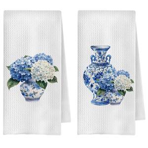 lot 2261 image: ChenCraty Blue Chinoiserie Floral Kitchen Towels Set of 2, Blue and White Porcelain Hydrangea Floral Dish Tea Towels for Kitchen Decor, Grand Millennial Decor Hand Towels for Bathroom, 16x24 Inch
