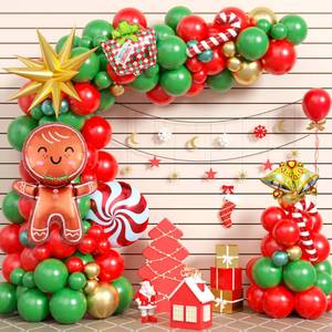 lot 2289 image: Christmas Balloon Garland Arch Kit, Red Green Gold Balloons with Bell Candy Cane Gingerbread Man Gold Explosion Star Foil Balloons for Christmas Party Decorations New Year Celebration
