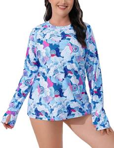 lot 2296 image: Halcurt Womenfts Plus Size Long Sleeve Rash Guard Swim Shirt with Thumb Holes UPF50 Sun Protection Swimsuit Top Blue Printed 3X