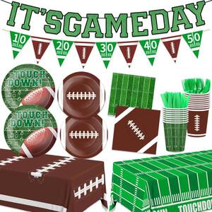 lot 2307 image: Sertokm Football Party Supplies Kit And Football Decorations Set Serve 24 � Disposable Football Plates, Forks And Knives, Banner And 2 Tablecloths For Game Day, Tailgate And Birthday Parties