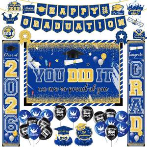 lot 2309 image: Blue and Gold Graduation Decorations Set Congrats Grad Banner You Did It Backdrop Class of 2026 Graduation Porch Banner Sign with Grad Honeycomb Centerpieces for Tables, Hanging Swirls,18 Pcs Balloons