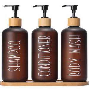 lot 2345 image: MOMEEMO Amber Shower Dispenser Set, Contains 3 Extra-Thick PET Plastic Bottles with Bamboo Pumps, Shampoo and Conditioner Dispenser for Shower Perfect for Modern Bathroom Decor. (Amber)