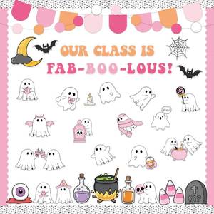lot 2360 image: CPicdn 119Pcs Halloween Bulletin Board Decoration Set, Cute Ghost Paper Cutouts Banner Border Trims Pink Boo Ghost Spooky Decor Halloween DIY Art Craft Classroom Chalkboard Supplies Wall Door Decor