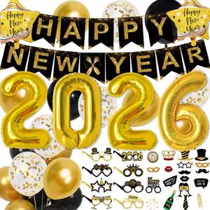 lot 2368 image: 2026 Happy New Years Decorations Set New Years Eve Party Supplies 2026, Gold Numbers 2026 Balloons, New Year Photo Props and Happy New Year Glasses