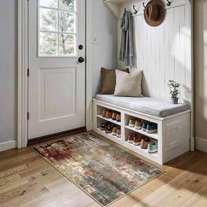 lot 2375 image: RELEANY Washable Area Rugs 3x4 Non-Slip Modern Abstract Soft for Living Room Entryway Bedroom Kitchen, Print Pattern, Brown Rust Red Green Blue Multi