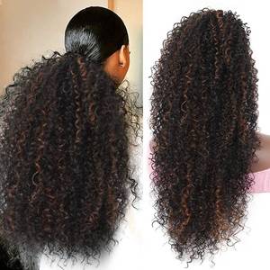 lot 2378 image: Youthfee Drawstring Ponytail for Women Deep Curly Ponytail Extension Synthetic Mixed with Human Hair Ponytails Brown Highlights Pony for Daily wear,27 Inches