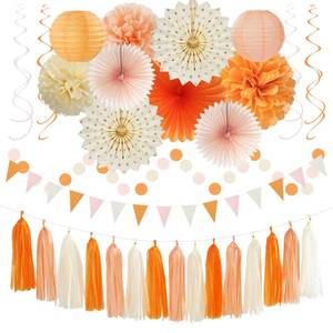 lot 4249 image: Orange-Beige Peach Fall-Boho Thanksgiving Party-Decorations - 31pcs Autumn Friendsgiving Banner,Streamers Tassel Garland,Birthday Tissue Pom Poms, Paper Lantern Fans,Bridal Shower Hanging Decor Hugtmr