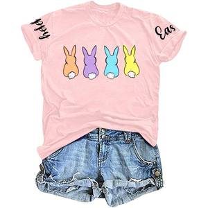 lot 4255 image: Easter Shirt Women Cute Bunny Graphic Tee Happy Easter Letter Printed Tshirts Casual Short Sleeve Easter Gift Tops Pink