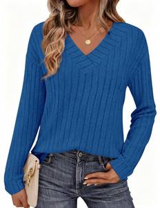 lot 4257 image: PRETTYGARDEN Fall Fashion 2026 Long Sleeve Shirts for Women Ribbed Knit V Neck Dressy Casual Lightweight Sweaters Tunic Tops (Royal Blue,Large)