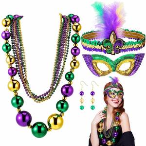 lot 4283 image: Henoyso 10 Pcs Mardi Gras Costume Accessory Set, 41 Inch Jumbo Beads Necklaces Feather Headband Mask Beaded Earrings(Classic)