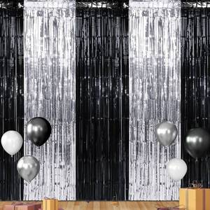 lot 4316 image: 3 Pack 3.3Ft x 6.6Ft Graduation Foil Fringe Curtain Backdrop Decorations, Black Silver Metallic Tinsel Foil Streamers Curtain Photo Background for Graduation Prom Wedding Birthday Party Decorations