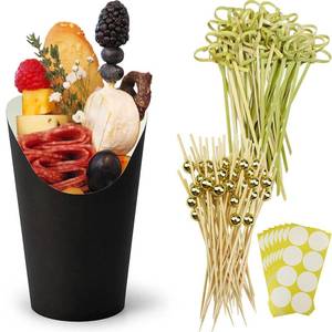 lot 4336 image: CAMKYDE 50 Charcuterie Cups  200 Cocktail Picks  56 Labels, 12 oz Disposable Charcuterie Cups with Sticks (2 Types), French Fry Cups Brown Paper Appetizer Cups for all OccasionsBlack