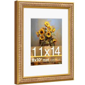 lot 5025 image: KSROECUD 11x14 Picture Frame for 8x10 Photo with White Mat, HD Real Glass 11x14 Vintage Photo Frame, 11 by 14 Poster Frame with Gold Border Horizontal and Vertical Display for Tabletop or Wall Decor (1 Pack)