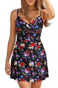 lot 6129 image: Halcurt Womenfts Twist Front Push Up One Piece Swimdress Ruched Swimsuit with Skirt Retro Bathing Suit Overall Floral S