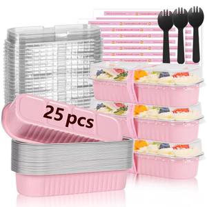 lot 6130 image: YQER 25 Pack Mini Cake Pans with Lids and Spoons, 6.8 oz Pink Disposable Aluminum Foil Mini Loaf Pans with Stickers, Individual Small Dessert Cake Tins Containers for Small Batch Baking, Parties Treat