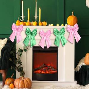 lot 6131 image: Suncalla 6 FT Large Pink Green Bow Garland with 10 inch Bows Pre-Strung Christmas Garland Banner for Christmas Tree Topper Fireplace Bedroom Stair Holiday Coquette Birthday Xmas Party Supplies