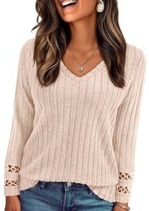 lot 6133 image: PRETTYGARDEN Womenfts Long Sleeve Shirts Ribbed Knit V Neck Tee Dressy Casual Blouses Going Out Tunic Tops 2026 Fall Outfits (Apricot,Medium)