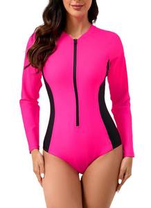 lot 6151 image: Halcurt Womenfts One Piece Rash Guard with Built in Bra UPF50 Zip Long Sleeve Surfing Athletic Swimsuit Pink Black S