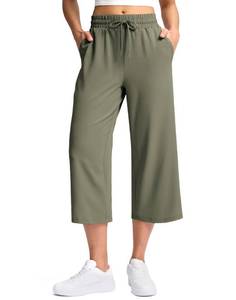 lot 6166 image: Soothfeel Womenfts Capri Pants Loose High Waisted Wide Leg Lightweight Travel Hiking Pants for Women Casual Summer with Pocket Olive Green M