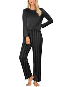 lot 6167 image: Blooming Jelly Womens Silk Pajamas Plus Size 2 Piece Lounge Sets Long Sleeve Fall Outfits Matching Pjs 2026 XL, Black