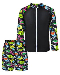 lot 6179 image: Boys Two Piece Rash Guard Swimsuits Long Sleeve Zipper Swim Shirt and Trunks Bathing Suit Swimwear Set Size 6-7 Flamingo