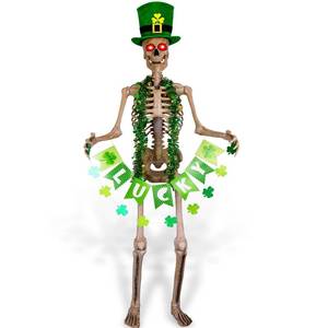 lot 6181 image: 6 ft St Patrickfts Day Skeleton Costume Accessories Set Green Irish Hat with Shamrock Banner Tinsel Garland St. Patrickfts Day 6 Foot Giant Skeleton Outfits for Holiday Party Garden Lawn Outdoor Decor